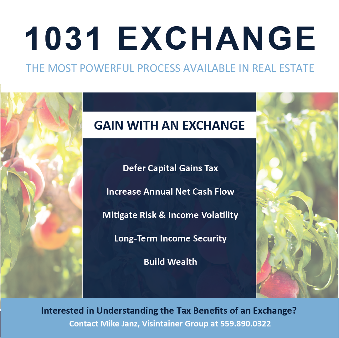 Describes the benefits of a 1031 exchange. Text over a photo in an orchard.